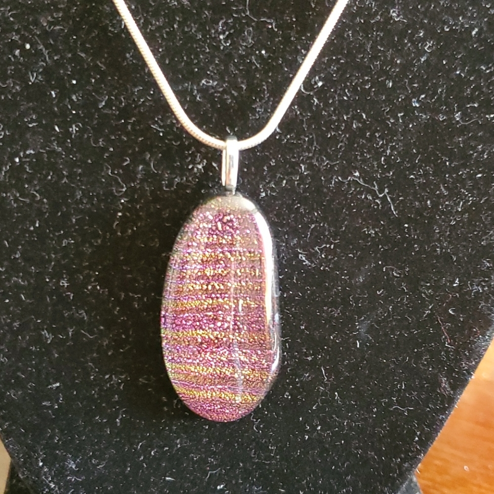 Silvertone necklace with purple, gold glitter